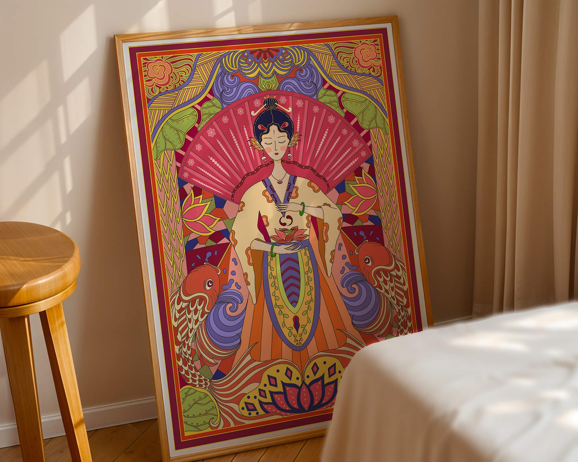 Ilustración oriental colorida con motivos de peces koi y loto