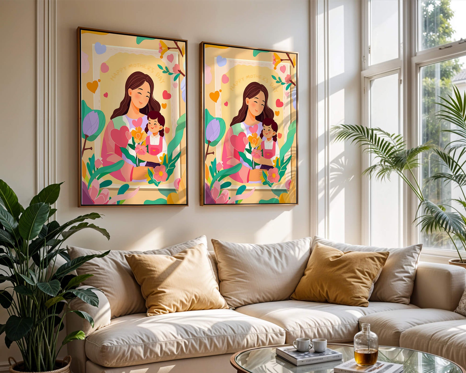 Illustration of mother and daughter with flowers for Mother's Day