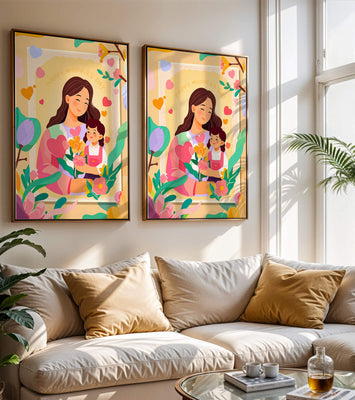 Illustration of mother and daughter with flowers for Mother's Day