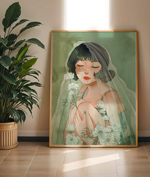 Ilustración emocional de una mujer rodeada de flores