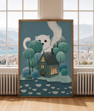 Skurrile Illustration eines gemütlichen Hauses, umgeben von Bäumen und einem freundlichen Wesen