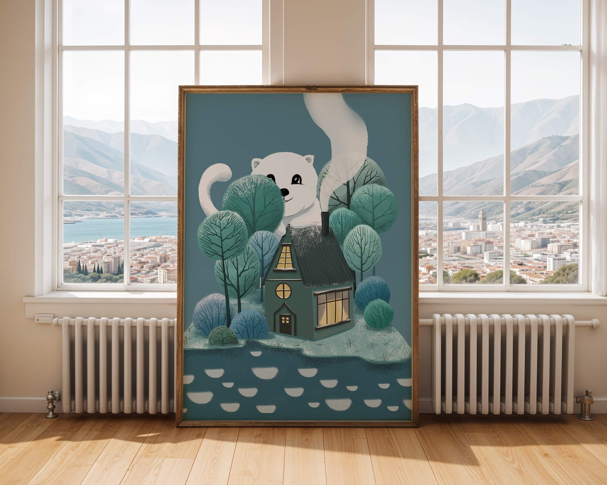Skurrile Illustration eines gemütlichen Hauses, umgeben von Bäumen und einem freundlichen Wesen