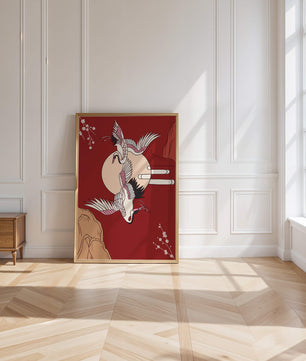 Elegant Asian-inspired artwork featuring flying cranes and cherry blossoms