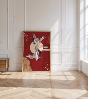 Elegant Asian-inspired artwork featuring flying cranes and cherry blossoms