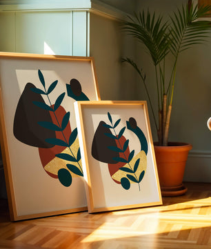 Abstract Botanical Composition with Geometric Shapes and Gold Accent - Mi tienda