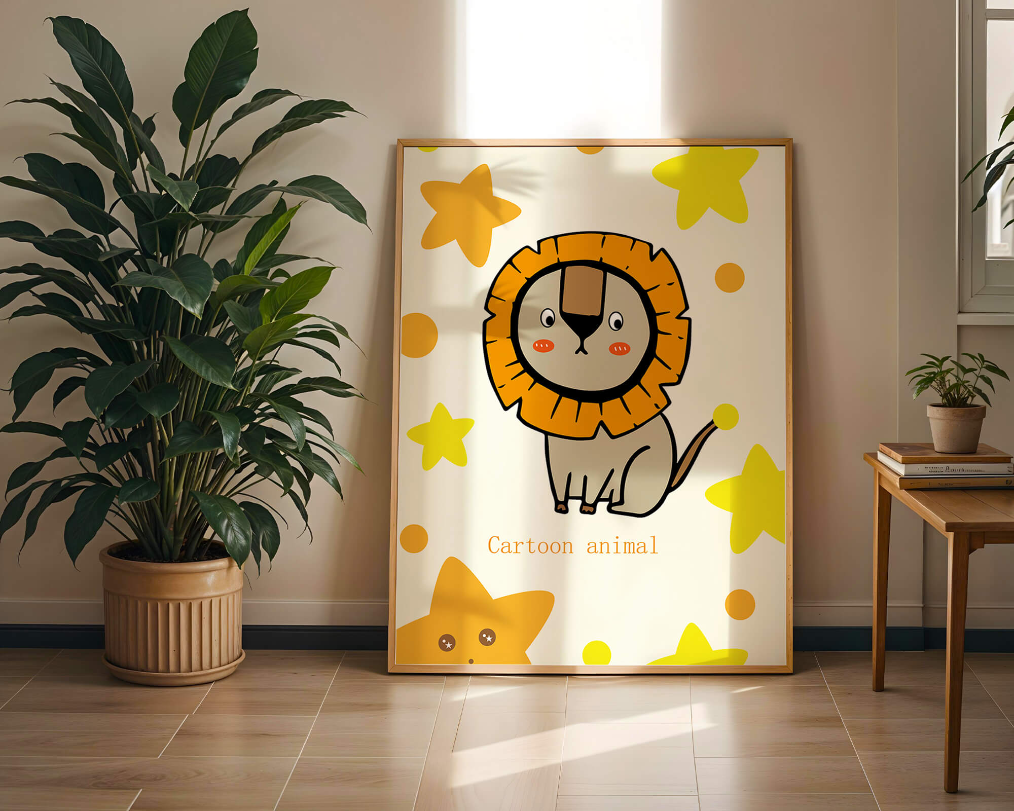 Cute cartoon lion illustration with stars for children's room