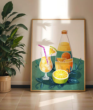 Ilustración colorida de bebidas cítricas con botella y vaso