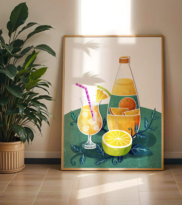 Colorful illustration of citrus drinks with bottle and glass