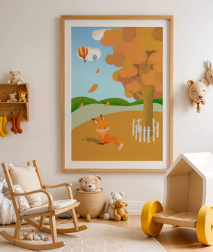 Herbstszene mit einem süßen Fuchs, Heißluftballons und einem bunten Baum