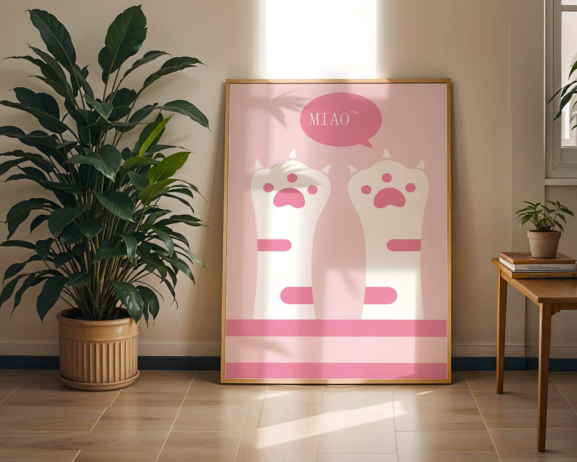 Playful cat paws illustration with speech bubble saying "Miao"