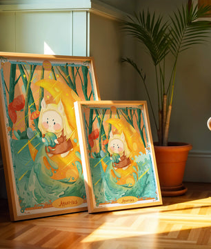 Aquarius zodiac illustration with whimsical character and vibrant colors