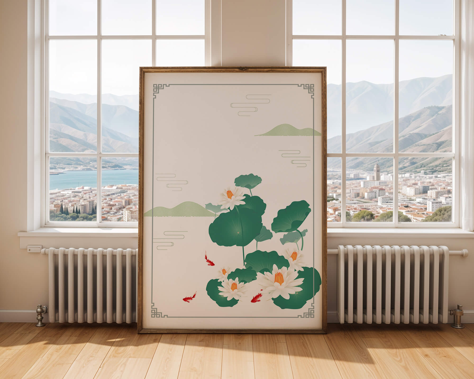 Elegant lotus and koi fish illustration with oriental design elements