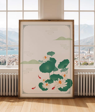 Elegante Lotus- und Koi-Fisch-Illustration mit orientalischen Designelementen