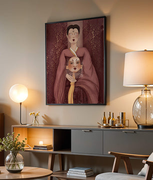 Ilustración de una figura mística con máscara y fondo ornamentado