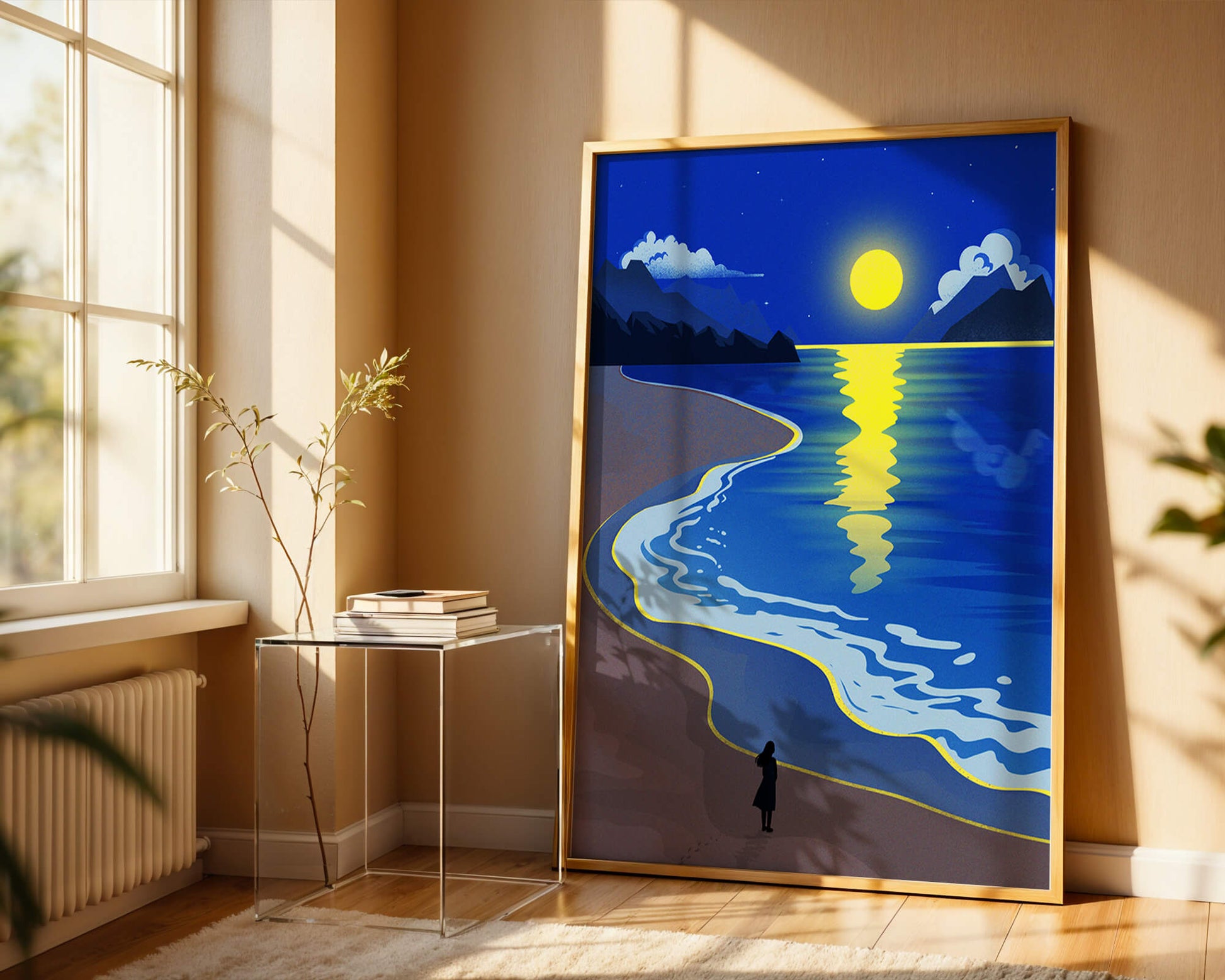 Moonlit Beach with Mountains and Reflections Under Night Sky