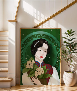 Elegant portrait of a woman with a bouquet of roses on a green abstract background