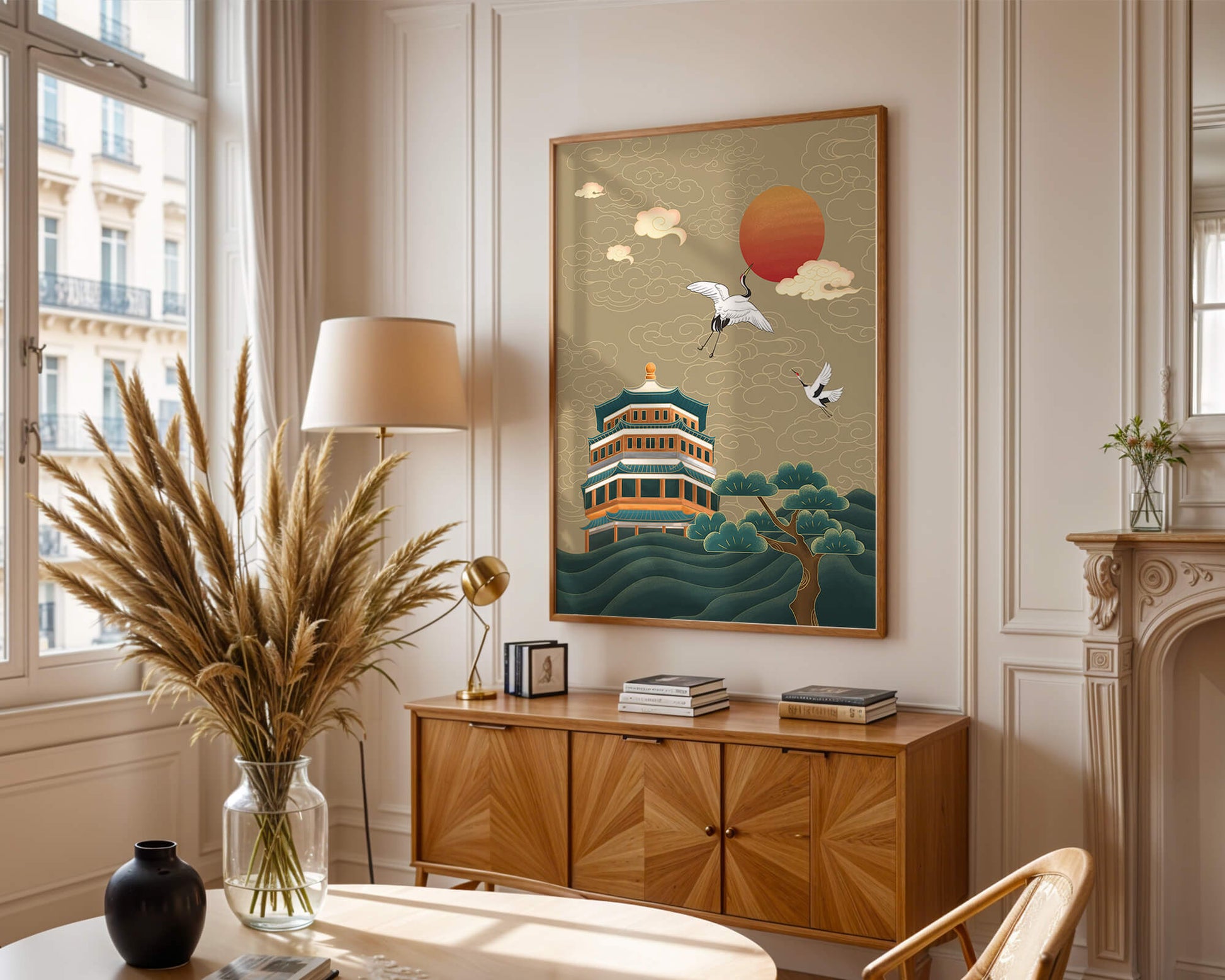 Traditional Asian art with cranes and temple at sunset