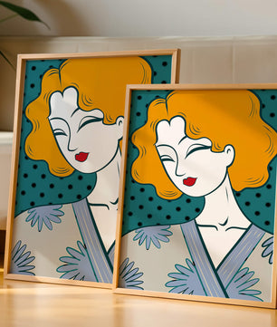 Retrato estilizado de una mujer con cabello naranja y kimono floral