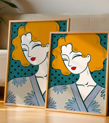 Stylized portrait of a woman with orange hair and floral kimono
