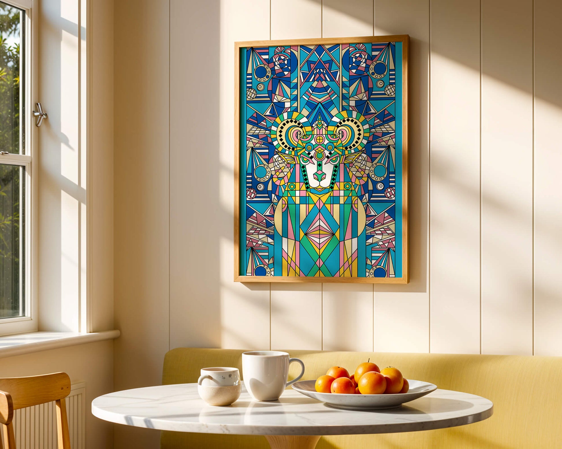 Diseño geométrico colorido de carnero con patrones simétricos