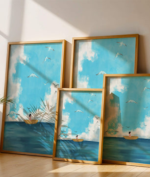 Peaceful seascape illustration with a boat and birds