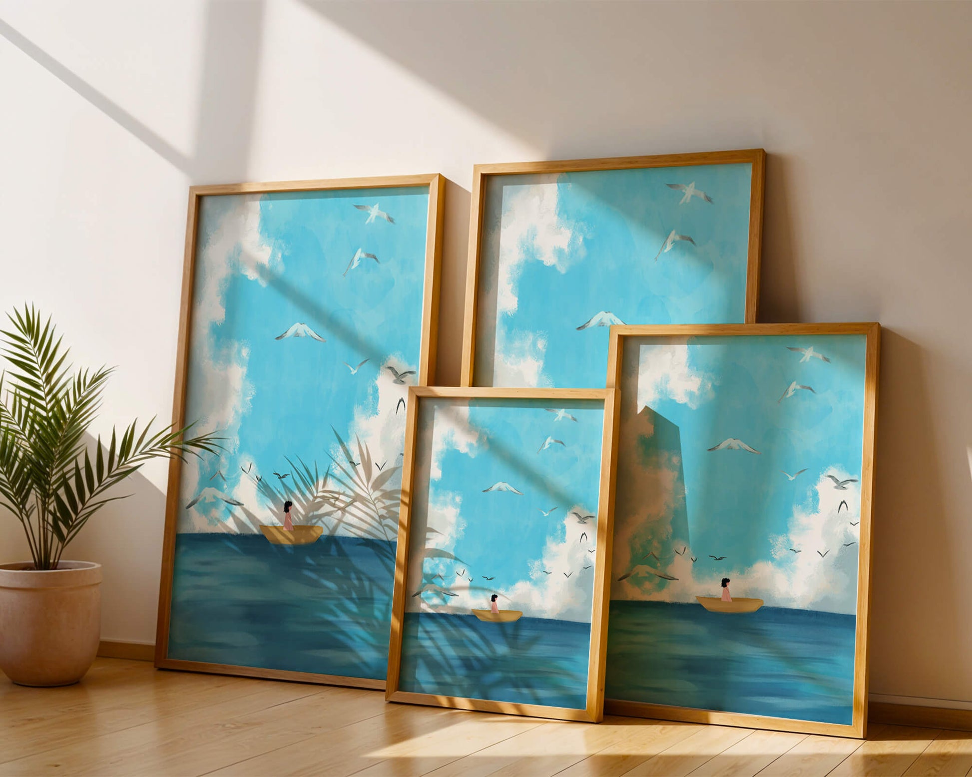 Peaceful seascape illustration with a boat and birds
