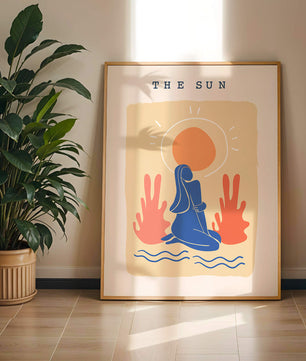Modern abstract art poster featuring the sun and a serene figure in blue and coral tones - Mi tienda