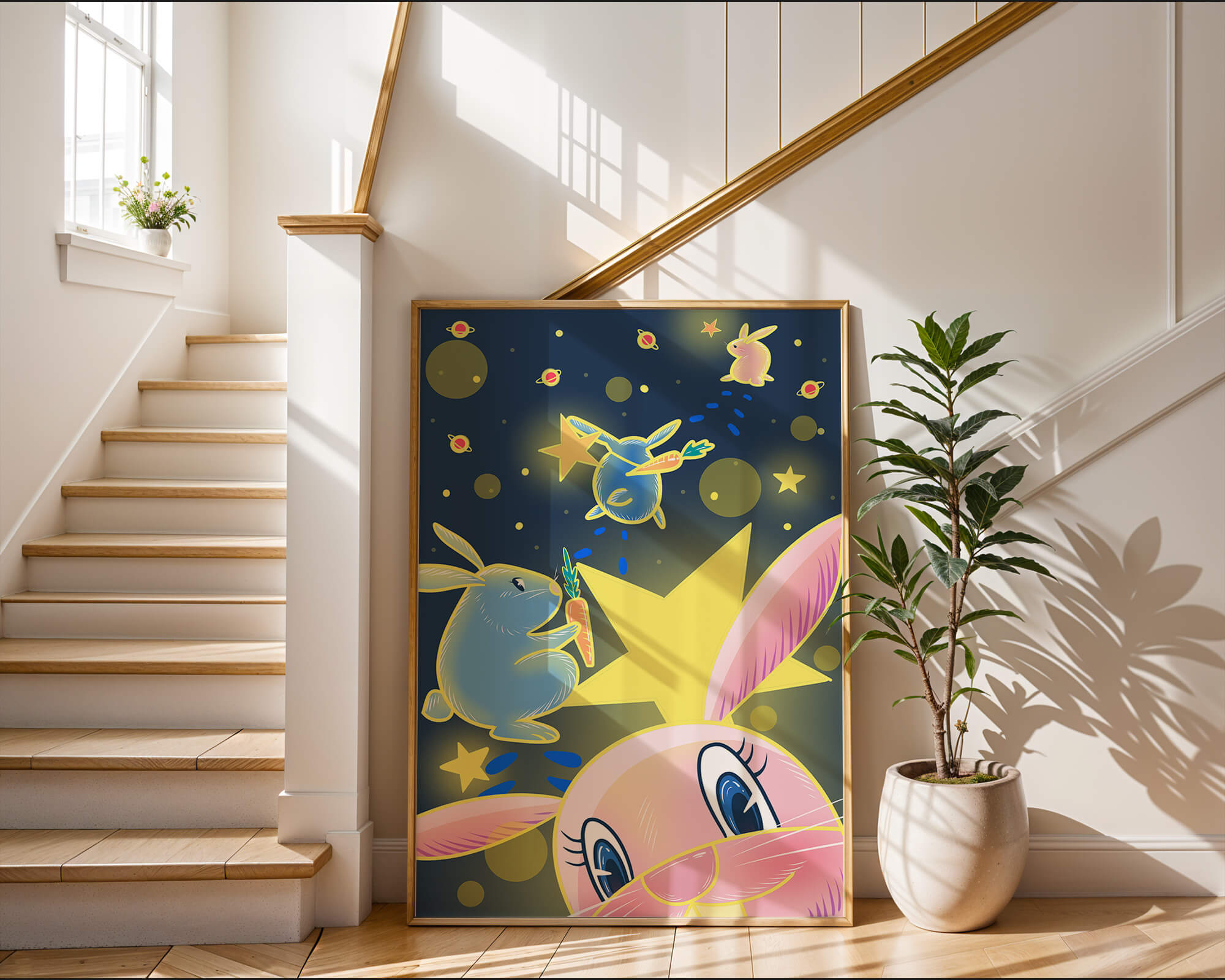 Playful bunnies with carrots and stars in a whimsical space scene
