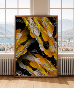 Abstract Composition with Yellow and White Feathers on a Black Background - Mi tienda