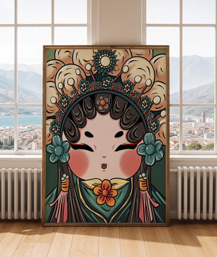 Ilustración encantadora de una muñeca china tradicional con tocado floral