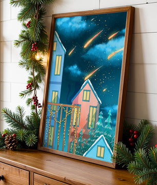 Winter Night Scene with Falling Meteors and Snow-Covered Houses
