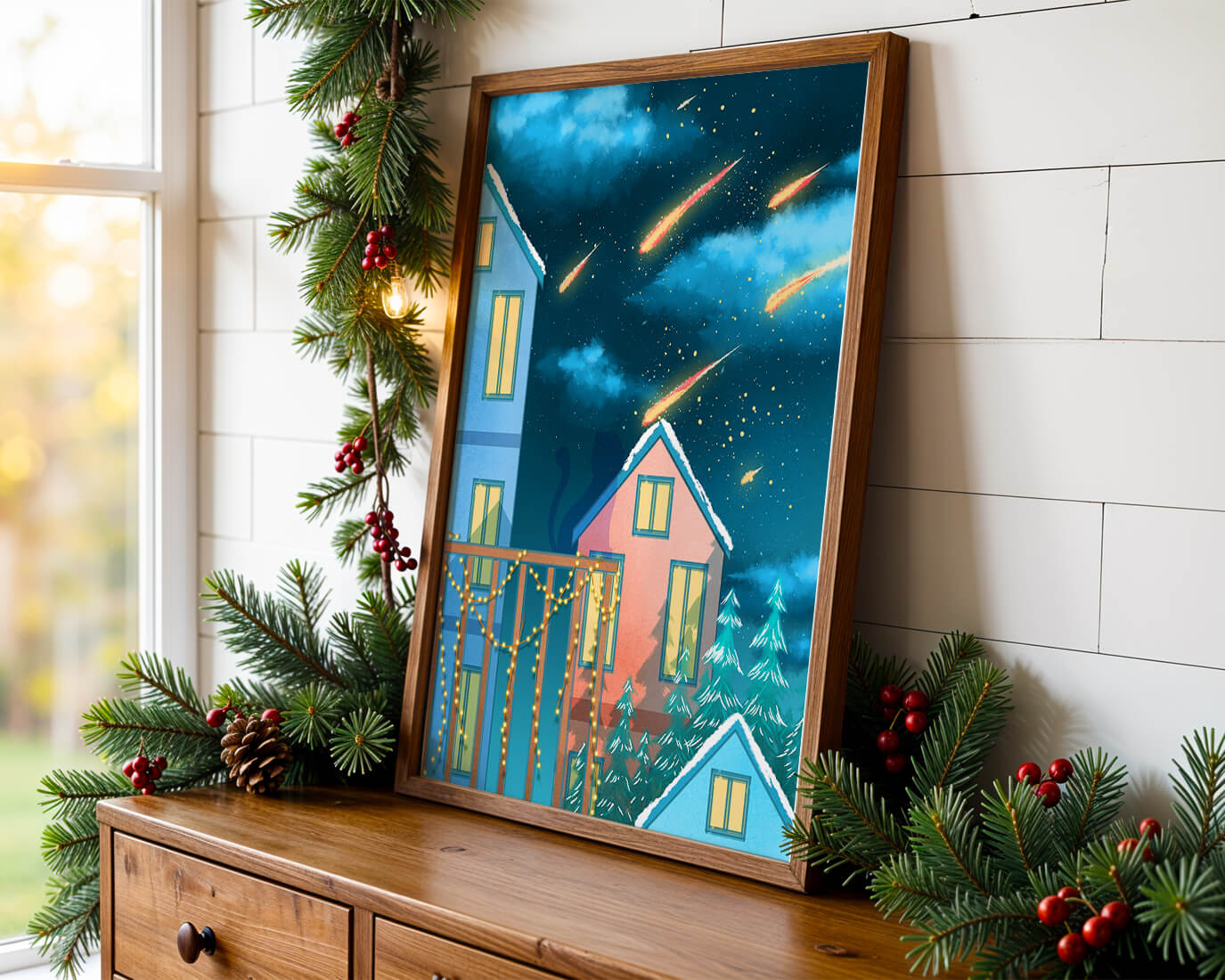 Winter Night Scene with Falling Meteors and Snow-Covered Houses