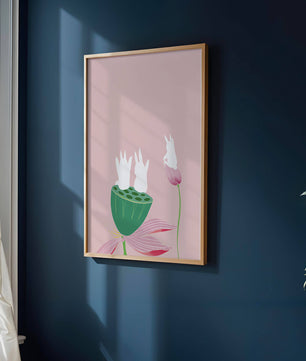 Whimsical Rabbits on Lotus with Pink Background