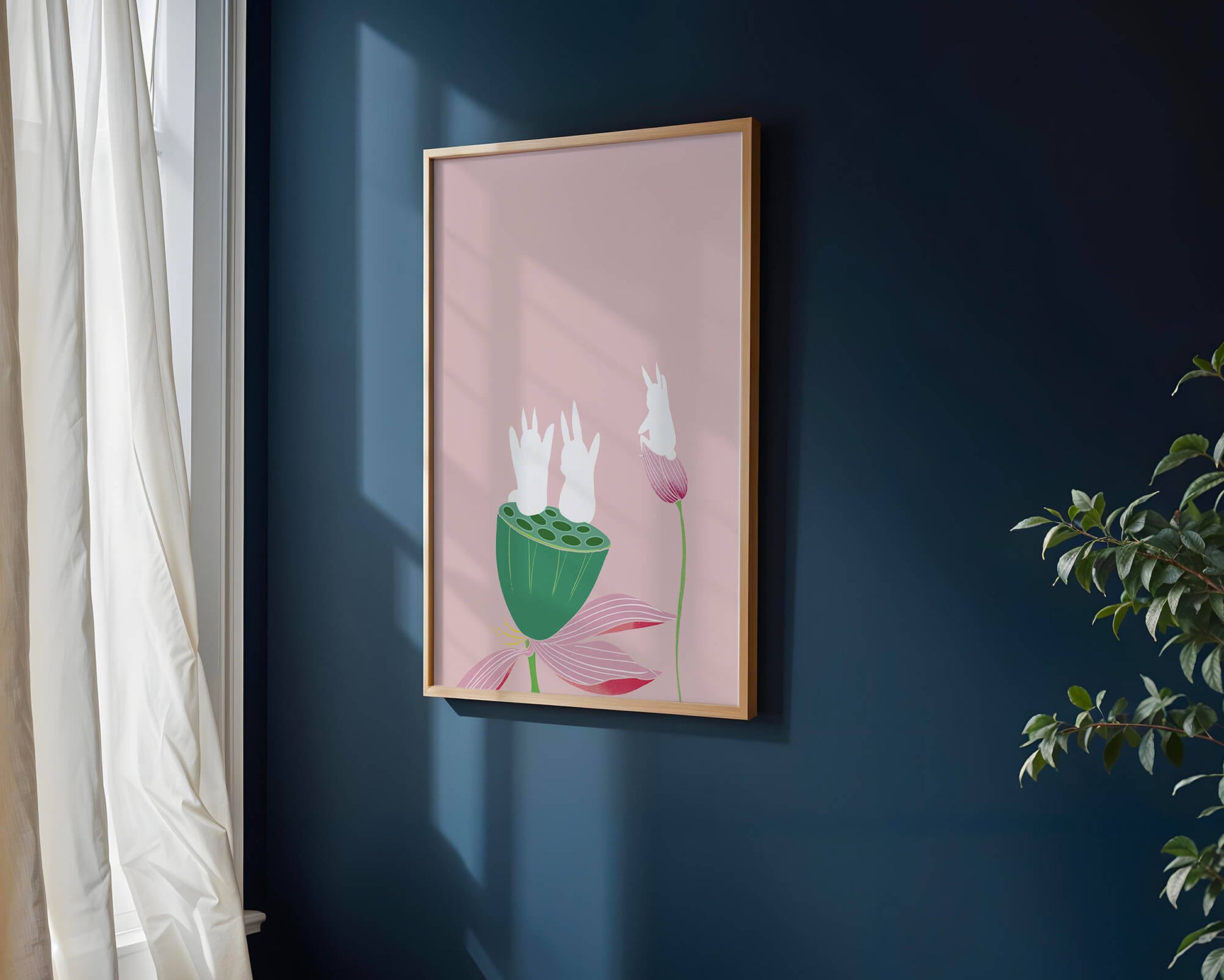 Whimsical Rabbits on Lotus with Pink Background