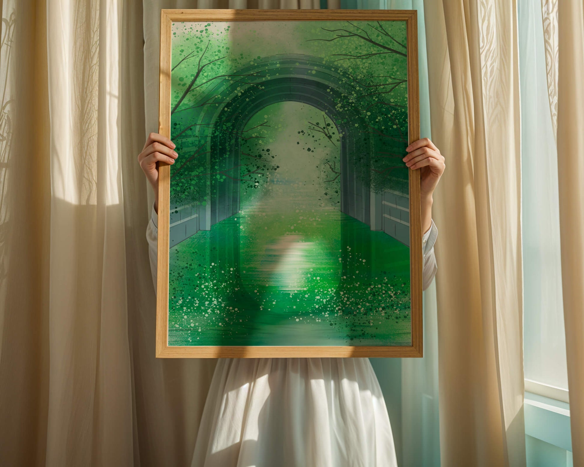A serene green garden tunnel with reflective water