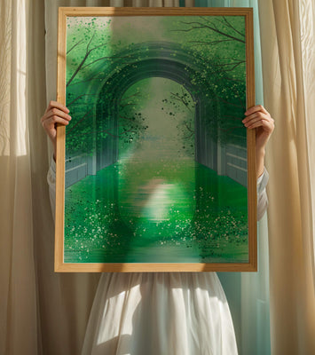 A serene green garden tunnel with reflective water