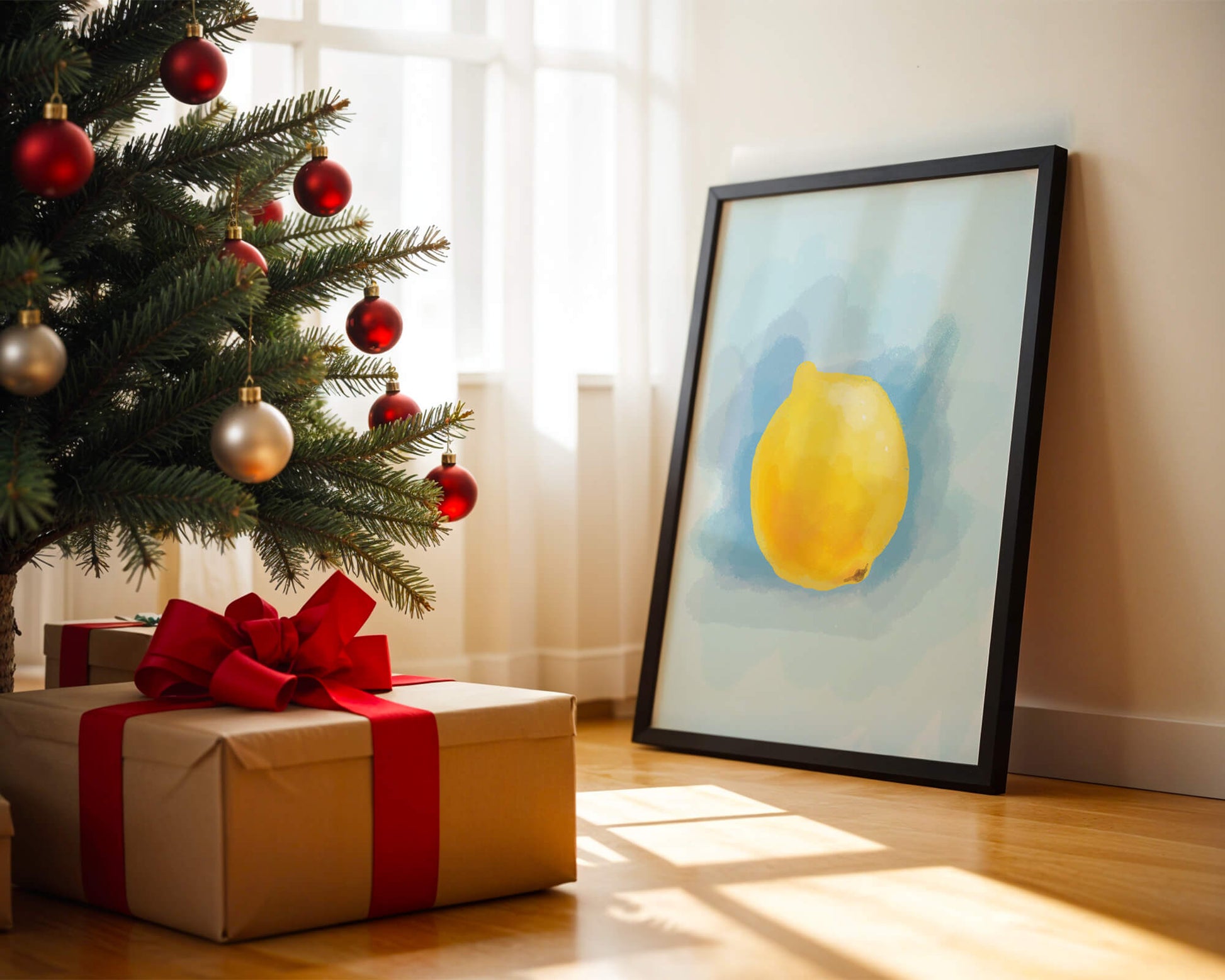 Watercolor artwork of a lemon on a blue background