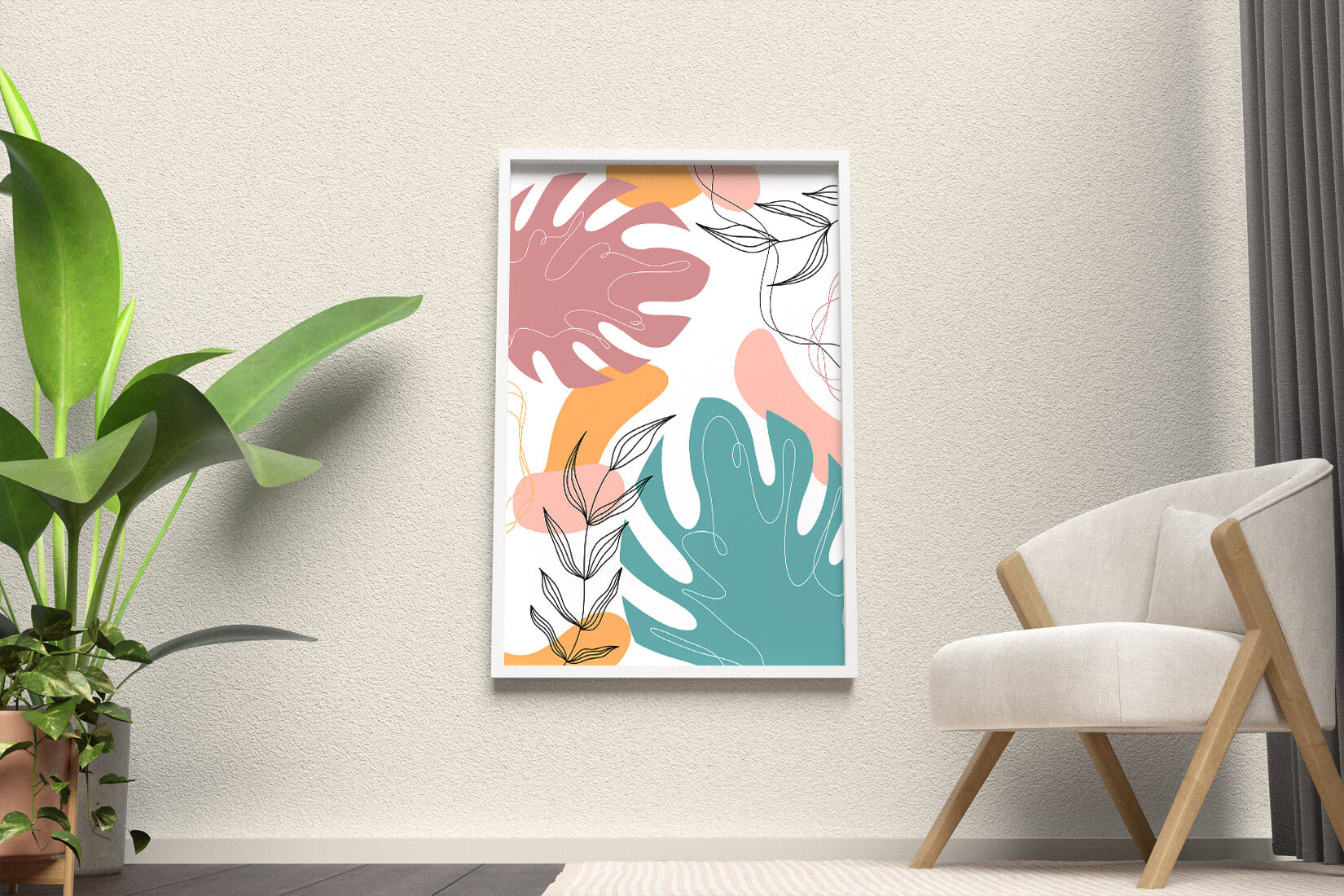 Abstract botanical illustration with colorful leaf patterns
