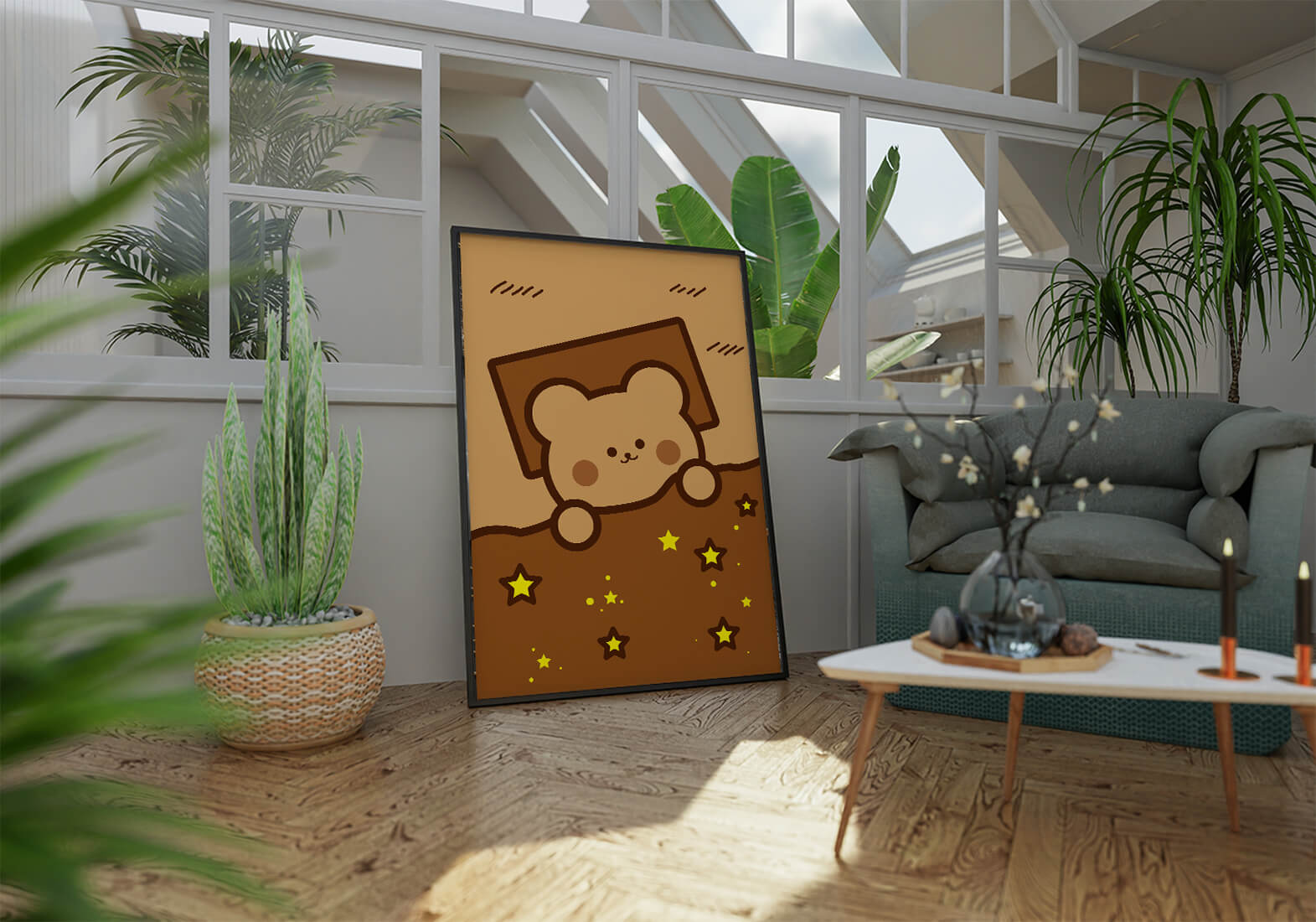 Adorable bear peeking out from a blanket with stars illustration
