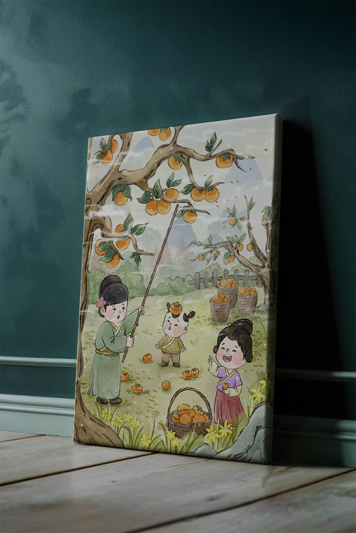 Illustration of children harvesting persimmons in a traditional setting