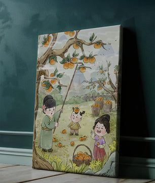 Illustration of children harvesting persimmons in a traditional setting