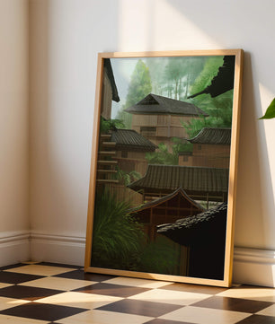 Traditional Japanese Architectural Scene with Lush Greenery