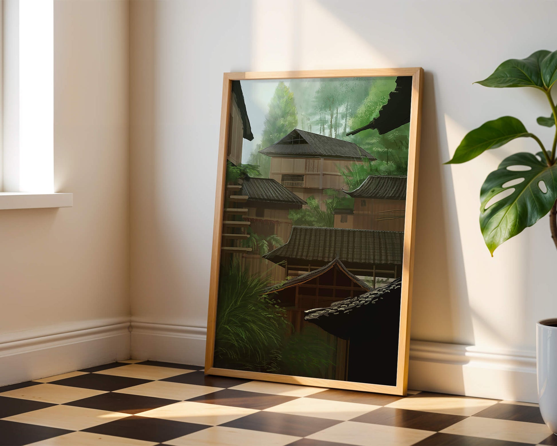 Traditional Japanese Architectural Scene with Lush Greenery