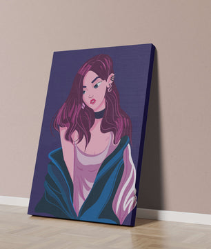 Illustration d'une fille élégante aux cheveux violets et à la veste bleue