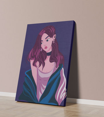 Stylish girl with purple hair and a blue jacket illustration