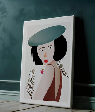 Mujer con sombrero azul y flor en estilo arte moderno