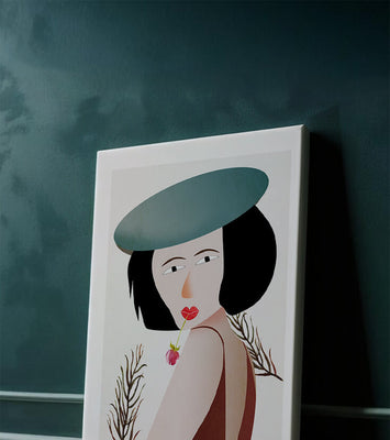 Woman with Blue Hat and Flower in Modern Art Style