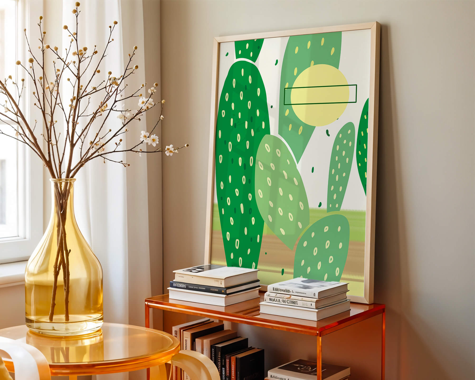 Abstract cactus art with green and yellow elements