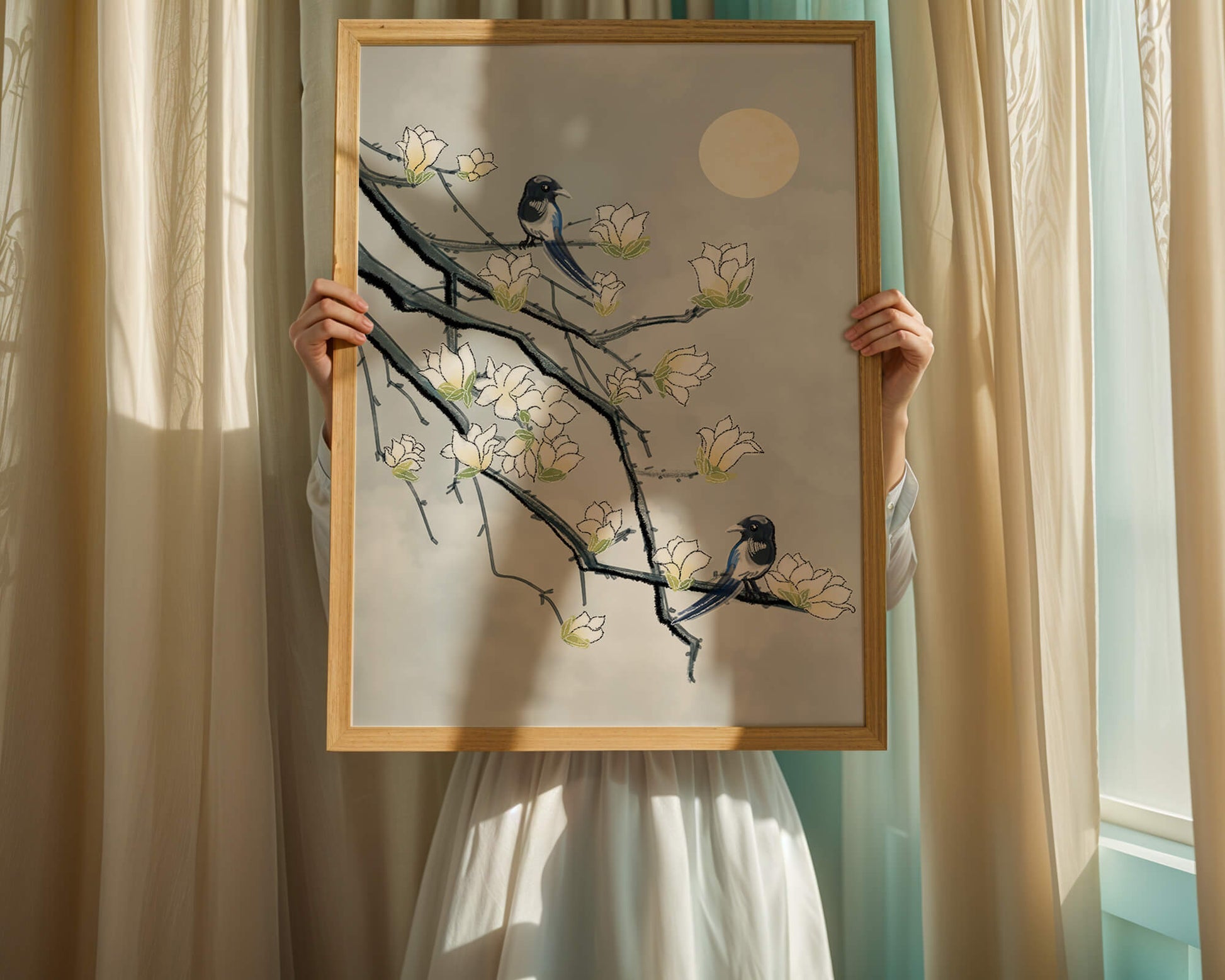 Birds on blossoming branches under a serene moonlit sky