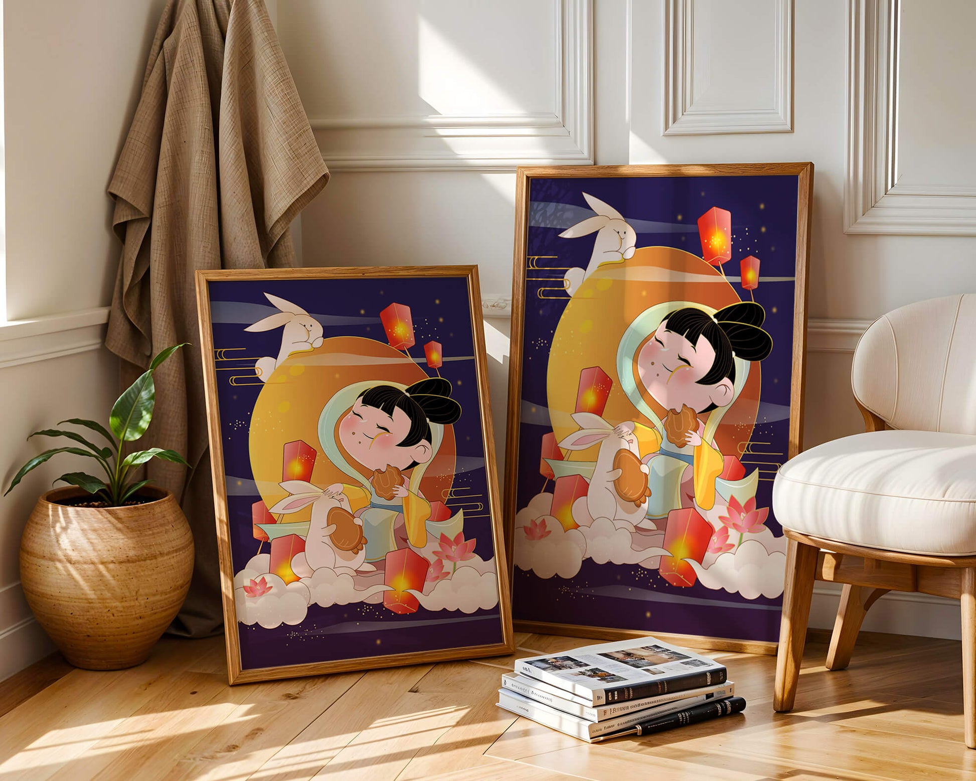 Illustration de déesse de la lune avec des lapins et des lanternes sur fond de mi-automne